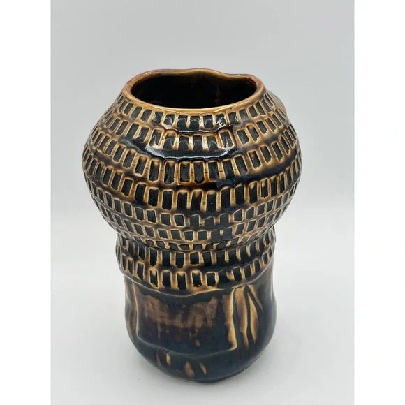 Unique Ceramic Face Planter vase signed Mustache Monk Knight Robe Textured Glaze